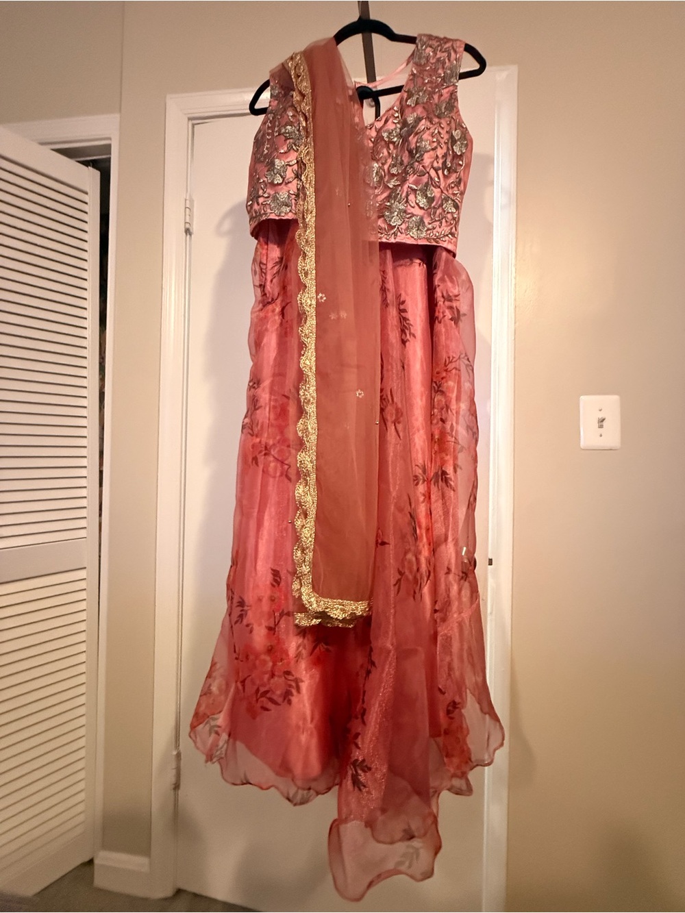 3 pc Pink Floral Embellished Lehenga Dress with Gold Trim Dupatta